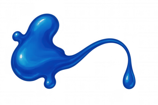 Blue paint liquid splash with dripping drop, creative abstract blob shape, glossy fluid, transparent background