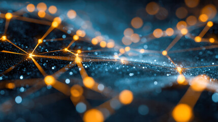 Abstract digital network with glowing orange connection points on a dark blue bokeh background symbolizing data flow and advanced technology concepts