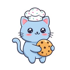 Fototapeta premium Cute blue cat wearing a chefs hat holding a cookie