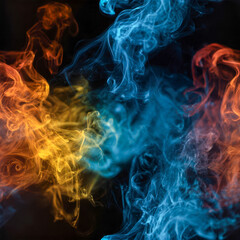 Fototapeta premium Vibrant swirling orange, yellow, and blue smoke patterns blending dynamically against a dark background creating a mesmerizing abstract visual effect