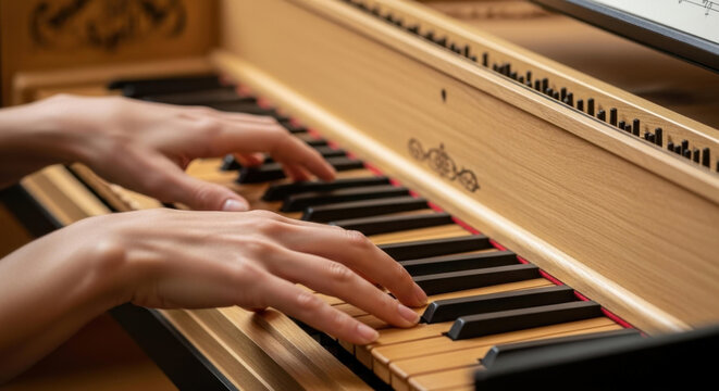 Musician's hands playing a spinet or harpsichord, an expression of concentration and passion for classical music and baroque art