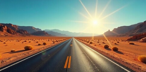 Lone Asphalt Road Through Sun-Baked Desert A Dramatic Journey Under Vast Clear Skies