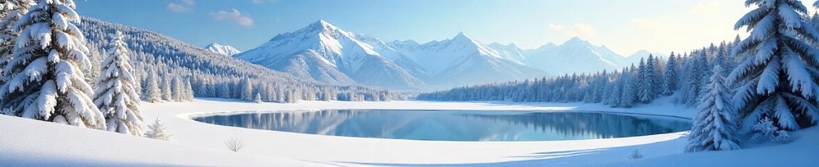 Serene Winter Wonderland Snow Covered Forest, Frozen Lake, Majestic Mountains