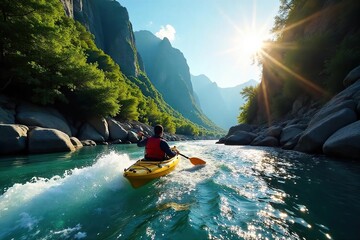 Thrilling Kayaking Adventure Rushing River, Towering Cliffs, Lush Green Foliage, Bright Sunlight