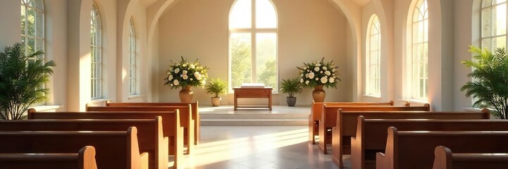 Serene Chapel Farewell Service Peaceful Atmosphere, Elegant Floral Arrangements, Soft Natural Light