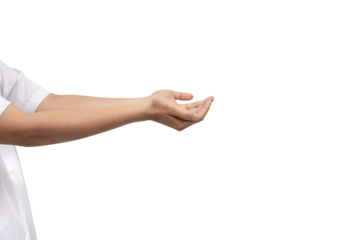 A hand with an open palm extended forward, isolated on a clean gray background. Perfect for concepts of offering, giving, receiving, or holding an invisible object. There is ample negative space for t