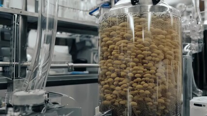 Two biotechnology scientists in lab coats monitoring a bioreactor process for cell cultivation, analyzing data on a tablet and programming the machinery in a modern research laboratory - Powered by Adobe
