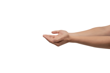 A hand with an open palm extended forward, isolated on a clean gray background. Perfect for concepts of offering, giving, receiving, or holding an invisible object. There is ample negative space for t