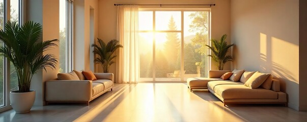 Sunlit Modern Interior Golden Rays Illuminate Clean Lines and Airy Space