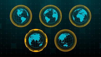 Five rotating globe diagrams with digital hud interface. Concept of global network, data connection, and international technology for futuristic display. © hiten666