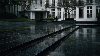 Wet, dark stone steps leading to a grand white building, gardens in the background