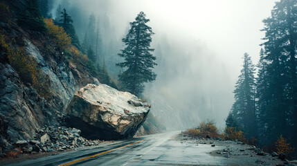 Serene mountain road surrounded by misty forest and towering trees