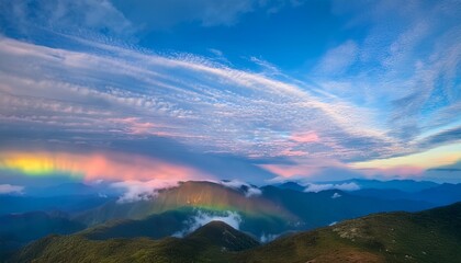 Iridescent altocumulus clouds in a bright blue daytime sky over distant mountains
