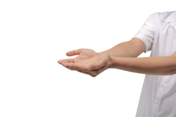 A hand with an open palm extended forward, isolated on a clean gray background. Perfect for concepts of offering, giving, receiving, or holding an invisible object. There is ample negative space for t