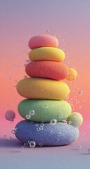 Stacked colorful stones, rainbow hues, floating bubbles, pastel background