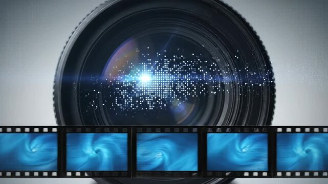 Closeup of a professional camera lens with a film strip overlay, representing photography and filmmaking vector illustration