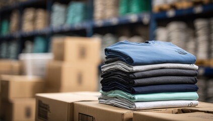 Colorful stacks of neatly folded t-shirts in cardboard boxes create an organized warehouse setting. The blue, grey, and white hues convey a sense of calm and professionalism.