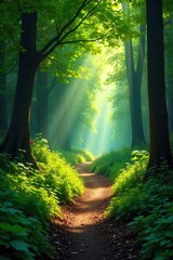 Obraz premium Magical Sun-Dappled Forest Path Lush Greenery, Winding Trail, Dappled Sunlight, Tranquil Nature Scene, Perfect for Travel and Fantasy