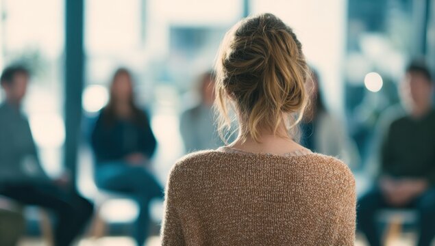 A young woman guides a group therapy session in an office, with attentive participants listening attentively. This scene emphasizes business and emotional support, leaving room for text.