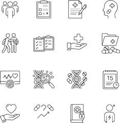 The Clinical Study icon set highlights essential elements of scientific trials and medical research.ideal for illustrating protocols, data validation
