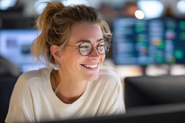A cheerful businesswoman works diligently at her office desk, analyzing data on her computer. She uses digital marketing software to manage social media and e-commerce, exuding confidence and focus.