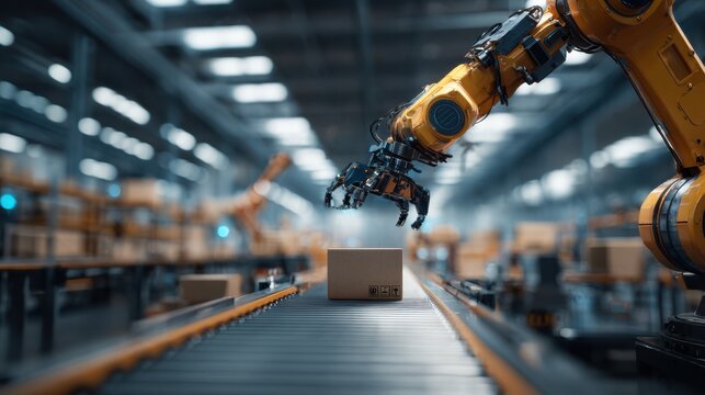 An industrial robot arm efficiently retrieves an item from a conveyor belt in a modern warehouse, showcasing the cutting-edge of automation and futuristic technology in action.