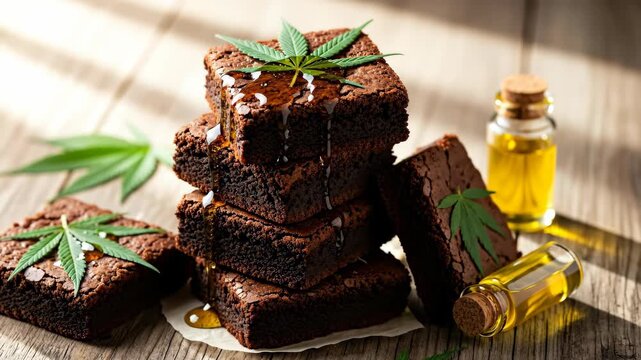 Honey pouring over cannabis brownie stack with a dropper bottle of oil on a wooden table, healthy food alternative concept.
