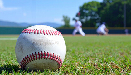 グラウンドに転がる野球のボールと練習風景