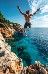 岩場から海に飛び込む若い男性