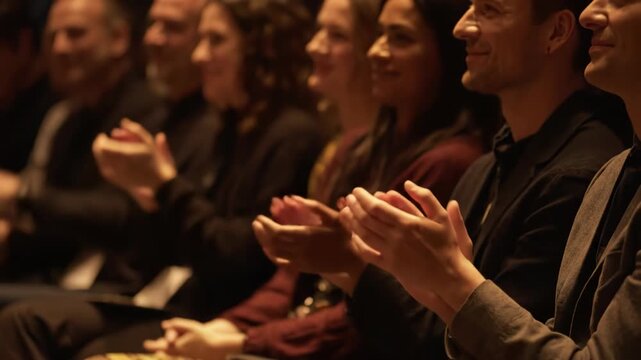 A diverse audience in a dimly lit venue applauding enthusiastically, with a focus on their hands and smiling faces, conveying appreciation and success vector illustration