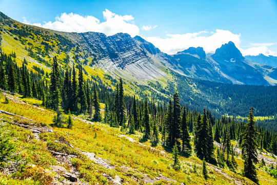 Scenic Mountains Range View from Highline Trail in Glacier National Park - Powered by Adobe