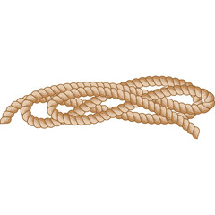 A coiled natural fiber rope with a textured weave and light brown color isolated on a white background representing a strong connection or binding element