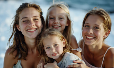 Obraz premium Four blonde sisters of varying ages smile radiantly in an affectionate outdoor portrait celebrating family bonds