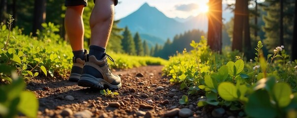 Hikers Boot on Sun-Dappled Trail Upward Trek Towards Majestic Mountain Peak in Lush Green Forest. Perfect for adventure, travel, and outdoor lifestyle imagery.