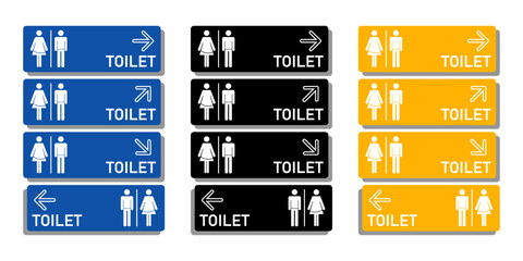 Set of modern toilet direction signs in blue, black, and yellow with male and female icons.