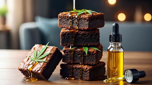Honey pouring over cannabis brownie stack with a dropper bottle of oil on a wooden table, healthy food alternative concept.