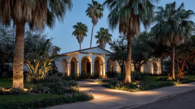 Medium shot showing sophisticated LED fixtures integrated into a tailored landscape lighting plan accentuating architectural features and greenery.