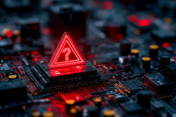 Neon warning sign with question mark on a computer circuit board symbolizing cybersecurity alert