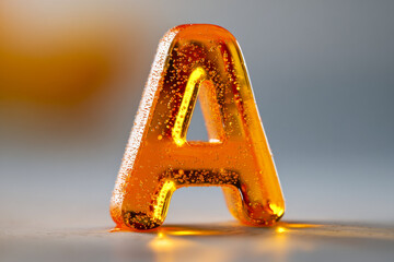 A close-up of a glowing amber-colored letter "a" made of ice or glass with bubbles inside, illuminated to highlight its translucent, shiny surface against a blurred background