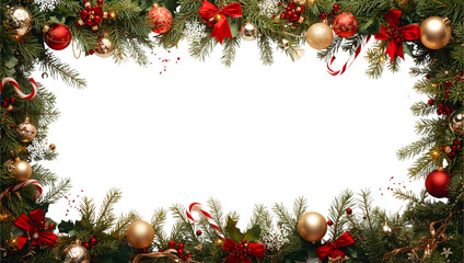 Christmas border with evergreen branches, red and gold baubles, bows, candy canes, and pinecones framing a blank white space for festive messages, cards, or seasonal invitations