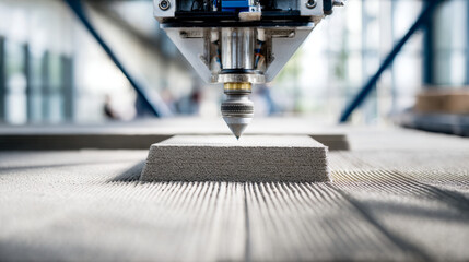 Advanced three-dimensional printing technology creating a solid concrete block with precise layering in a modern industrial manufacturing facility environment