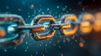 Rusted metal chain with glowing orange edges breaking apart with sparks flying in a dark blue industrial atmosphere representing strength and failure concept