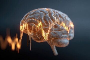 human brain made of glowing candlestick lines, surreal trading psychology concept