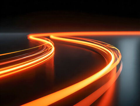 Dynamic curved glowing orange light trails creating a futuristic and abstract visual effect on a dark surface with smooth reflections and depth of field