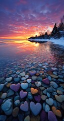 Heart-shaped rocks at a winter lake sunrise