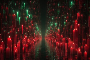 infinite tunnel of glowing red and green candlesticks, surreal trading market concept 