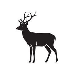 Minimalist black deer icon – stylized silhouette of standing deer with bold antlers, turned head, and alert stance for wildlife design, nature visuals, and forest-themed graphics.