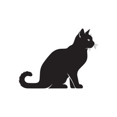 Minimalist black cat icon – stylized silhouette of sitting cat with curled tail, pointed ears, and whisker detail for pet design, feline visuals, and cozy-themed graphics.