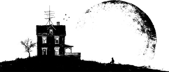 Obraz premium Mysterious grunge linocut with antenna and moon scene in silhouette for vintage art