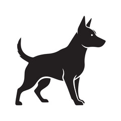 Minimalist black dog icon – stylized silhouette of standing dog with pointed ears, curved tail, and white eye detail for pet design, signage, and breed-themed graphics.